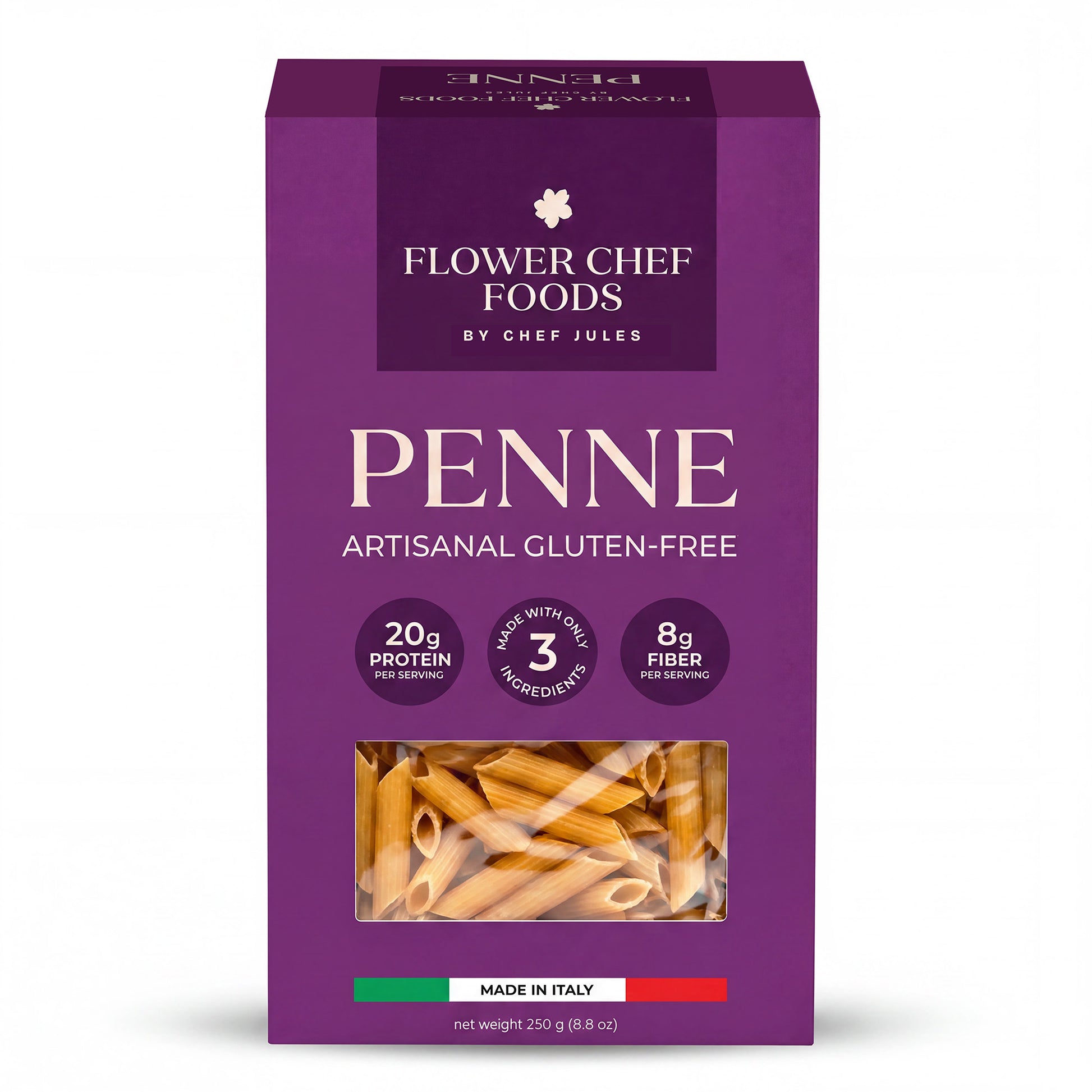 Flower Chef Foods Gluten-Free Fusilli Pasta, purple package, made in Italy